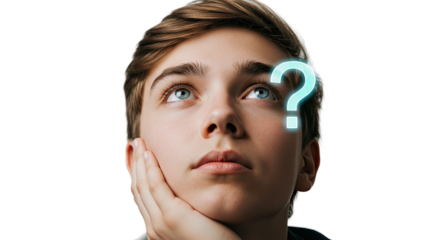 Young person contemplating with a glowing question mark over the head on black background.