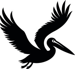 Fototapeta premium A majestic pelican silhouette soars gracefully, wings outstretched against a white background, creating simple beauty