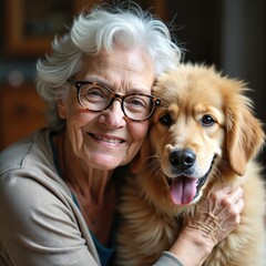 Naklejka na ściany i meble Smiling senior woman hugs Golden Retriever dog. Elderly lady in glasses enjoys pet companionship, shows true friendship, joy. Pets help seniors overcome loneliness. Dog is best friend.
