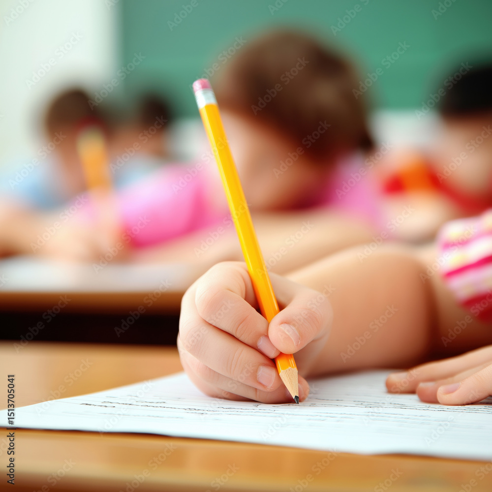 Poster students focus on writing tasks during classroom activity in a bright learning environment