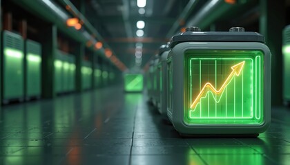 Fototapeta na wymiar Industrial battery replacement tech for energy efficiency. Batteries with growth graph indicators in server room. Monitoring, measurement of performance for optimization, improvement. Tech