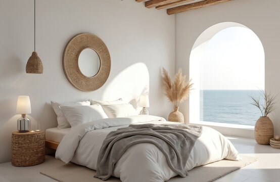 Minimalist bedroom interior in Mediterranean style. White walls neutral beige tones create serene atmosphere. Modern home decor with arch window sea view. Luxury design. Calm, peaceful vibe for real