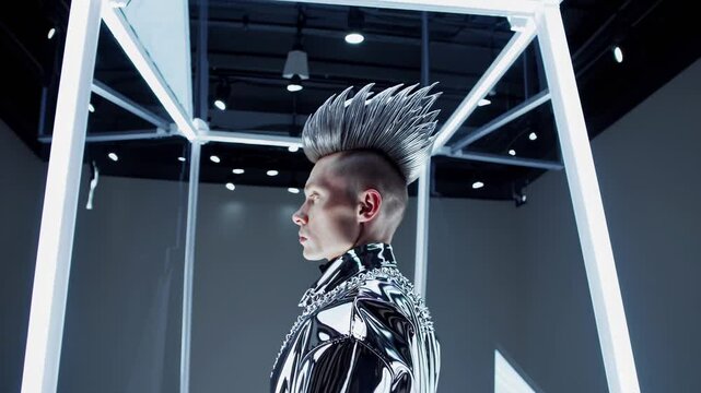 Futuristic person with mohawk in chrome outfit standing inside illuminated art cube

