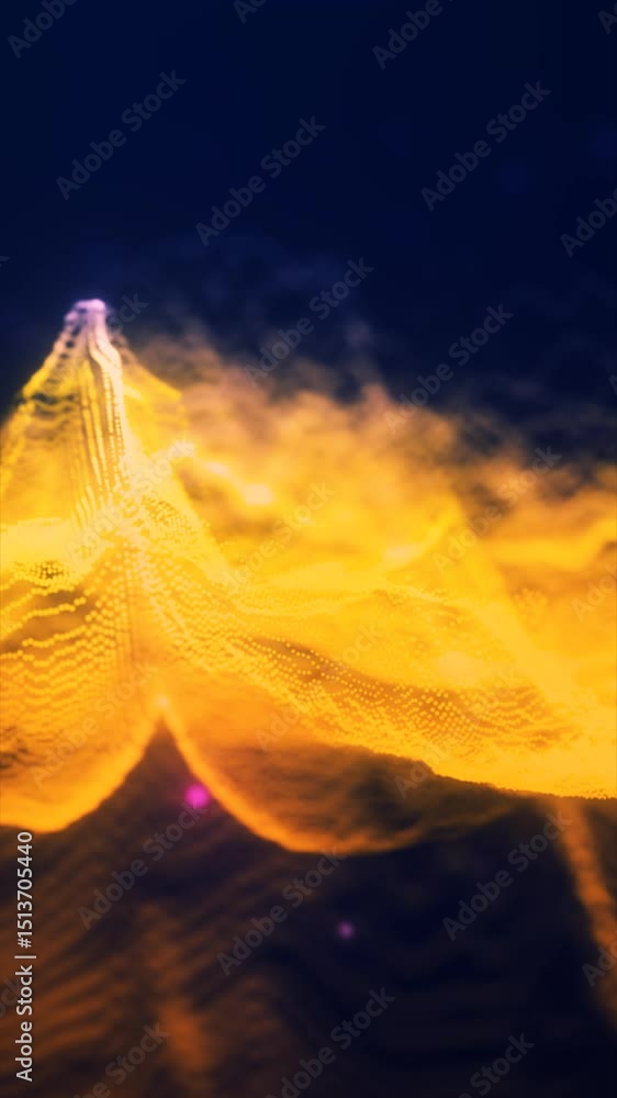Poster glowing golden data waves forming a 3d mesh surface in a digital sci-fi environment