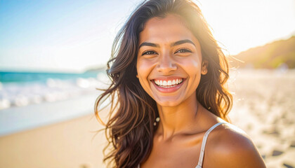 Happy beautiful young woman smiling at the beach.