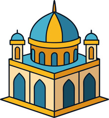 Bright yellow and green mosque in simple flat cartoon vector