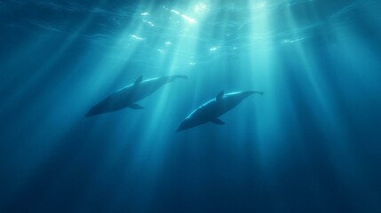Two dolphins swimming in the ocean. the water is a deep blue color and the sun is shining brightly, creating a beautiful and serene atmosphere.