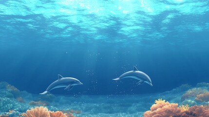 Fototapeta premium Underwater scene with two dolphins swimming in the ocean. the water is a deep blue color and the surface is covered in coral reefs.