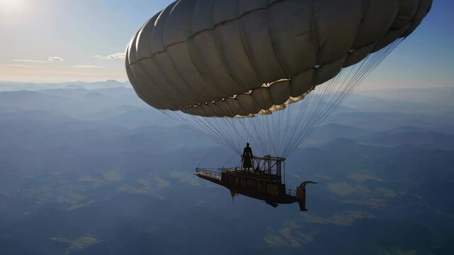 Silhouetted figure on vintage airship with large parachute soaring above mountain landscape at sunrise

