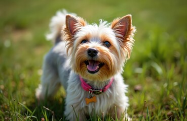 Adorable, happy Yorkshire terrier dog outside in the park. Pet with collar and name tag on green grass background. Smiling puppy with open mouth. Funny domestic animal, best friend.