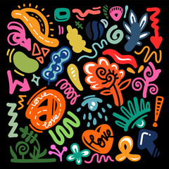 Colorful doodles with abstract flowers, leaves, arrow and heart. doodle design element with Colorful Sparkles Abstract Background.