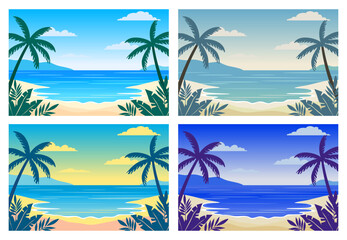Beach in the morning, evening, night and day, set of vector illustrations of landscapes. Beach with palm trees at different times of the day. Set of paradise beaches for design.