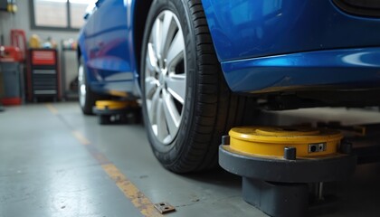 Car wheel alignment check in auto repair shop. Mechanic work with modern equipment, automatic calibration, vehicle diagnostics. Wheel balancing at service station for auto maintenance.