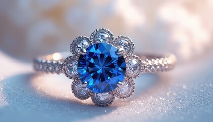 Fototapeta premium Elegant blue sapphire ring with shimmering diamonds. Perfect for engagement, wedding, special occasion. Luxury jewellery with precious gem stones. Bridal accessory. Handcraft design.