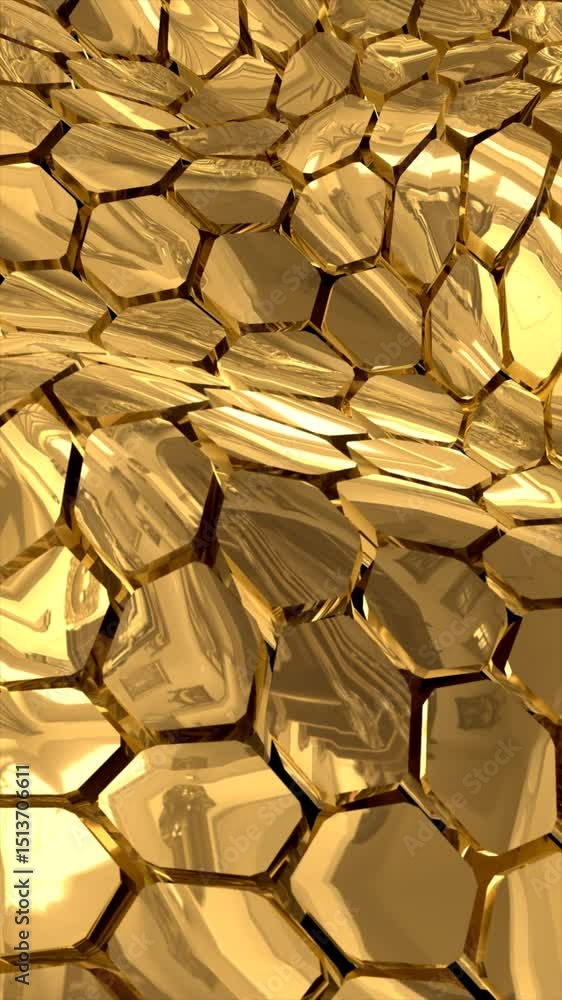 Poster abstract 3d surface of shiny golden polygons forming a seamless, irregular pattern with reflective m