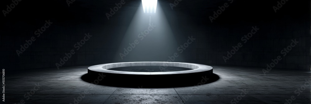 Aufkleber a circular platform in a dark room - a single spotlight illuminates an empty circular platform in th