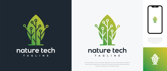 Green leaf technology logo design template. Nature leaf digital technology logo design vector icon	
