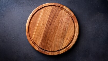 Obraz premium top view of a round wooden cutting board on a dark background