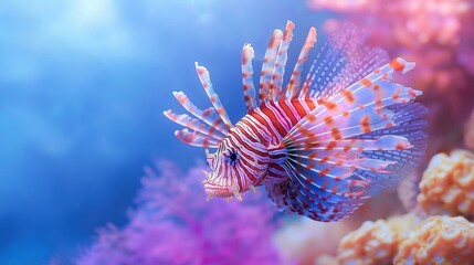 Close-up of a lionfish swimming in an underwater environment. the lionfish has a distinctive striped pattern of orange and white stripes on its body.