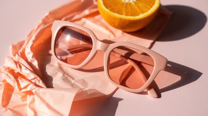 Stylish peach sunglasses with half orange on pink background
