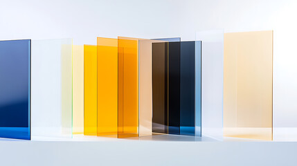 Arrangement of colored glass panels in blue, white, yellow, and brown hues, casting soft shadows on a light surface. Studio setup with vibrant colors.