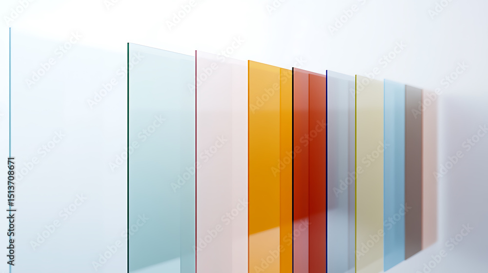 Poster abstract array of colored sheets standing against a bright white background, creating an artful, mod