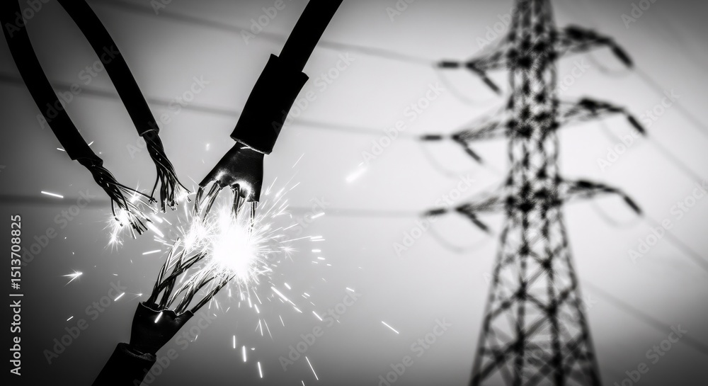 Poster electric spark flying from severed wires creating short circuit effect for power grid outage concept