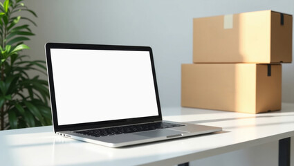Fototapeta premium Digital marketing dashboard on laptop next to delivery boxes.