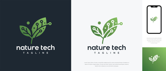 Green leaf technology logo design template. Nature leaf digital technology logo design vector icon	
