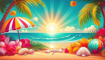 Obraz premium a vibrant illustration of a tropical beach with a palm tree colorful seashells flowers a beach ball and a striped umbrella under a bright sun