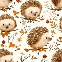 Seamless pattern of So cute hedgehog animals cartoon with brown leaf on white background. Generative AI