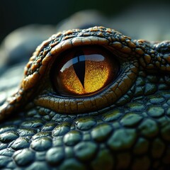 Fototapeta premium Close-up of alligator crocodile eye. Focus on reptile eyeball with detailed texture. Green scales frame eye, featuring unique patterns and vibrant yellow iris pupil. Macro shot, nature.