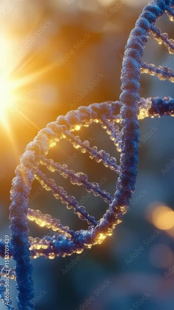Poster futuristic digital visualization of a glowing dna double helix floating in cosmic space,representing