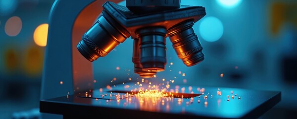 Close-up of microscope observing glowing particles in a lab. Scientific research, technological innovation in process. Futuristic aesthetic. Science concept.