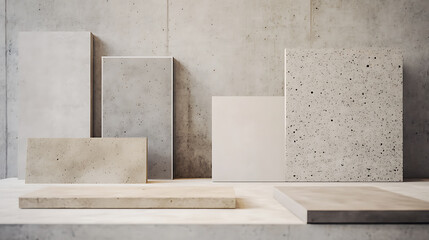 Architectural composition with concrete blocks in neutral tones against a raw concrete wall backdrop. Minimalist aesthetic, structural design.