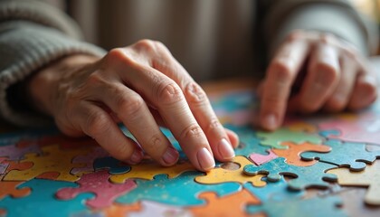 Elderly person assembling jigsaw puzzle. Hands arranging puzzle pieces for cognitive stimulation. Alzheimer treatment at home. Activity to improve memory, brain health in retirement. Focus on fine