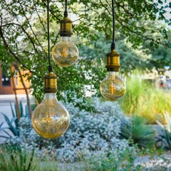 Obraz premium String contemporary round light bulbs hanging from tree branches creating warm and inviting outdoor ambiance on landscaped park background