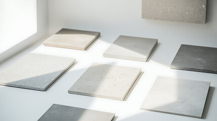 Neutral concrete samples arranged on white surface. Close up shot with window light. Great for construction or design.