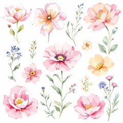 Obraz premium Dreamy hand painted floral clip art set with ethereal anemone and poppy blossoms