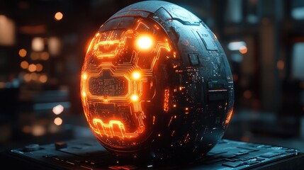 Futuristic egg-shaped device with glowing circuits