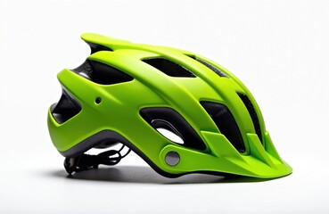 Fototapeta premium Green bicycle helmet isolated on white. Protective sports headwear gear for safe cycling. Designed for outdoor activities, mountain biking. Bicycle helmet prevents head injuries in crash. Cycling