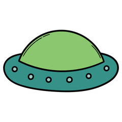 Hand drawn cartoon green ufo flying saucer on white background.