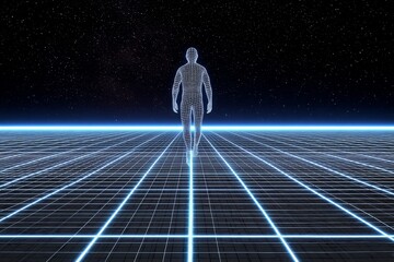 Fototapeta premium Being on Grid - Wireframe human figure walking on a glowing grid landscape against a starry night sky. Futuristic concept