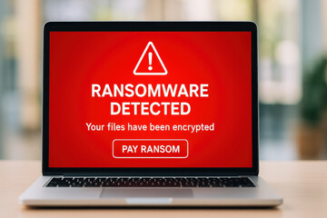 Laptop screen displays ransomware alert with red background, warning that files have been encrypted and prompting to pay ransom. image conveys sense of urgency and threat