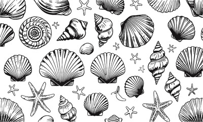 A Modern vector-style collection of detailed seashell and marine illustrations, Include a variety of shell types such as spiral, conch, scallop, and clam shells, easily scalable and editable.