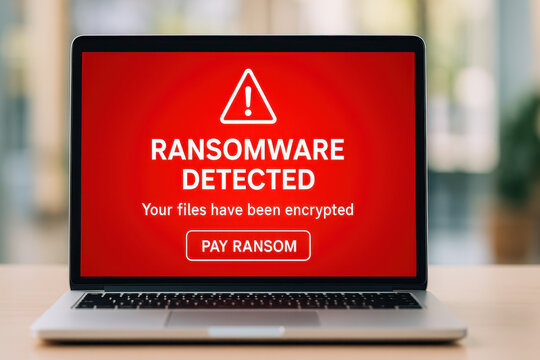 Laptop screen displays ransomware alert with red background, warning that files have been encrypted and prompting to pay ransom. image conveys sense of urgency and threat