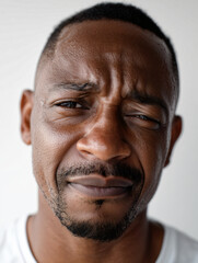 Man Forcing a Smile While Feeling Sad – Emotional Half-Length Portrait on White Background