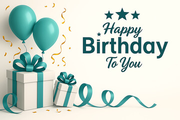 Elegant Birthday Gift Box and Teal Balloons with Festive Confetti
