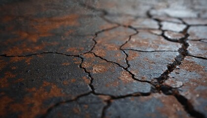 Fototapeta premium Close-up of old, textured iron surface with cracks. Brownish-black color. Metal texture background with rust, decay, deterioration. Aged, damaged, weathered, grunge look. Abstract industrial
