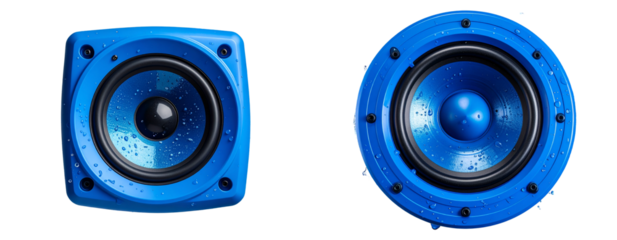 Water-resistant blue speaker with splash effect, dynamic top-down view, isolated PNG
